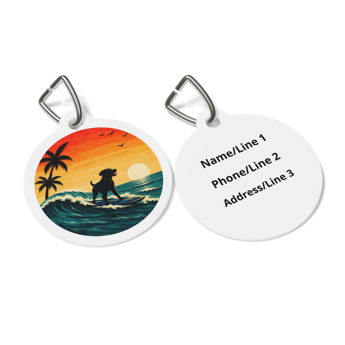 Close-up of Sunset Wave Rider Dreamy Coastal Scene artwork on personalized dog ID tag