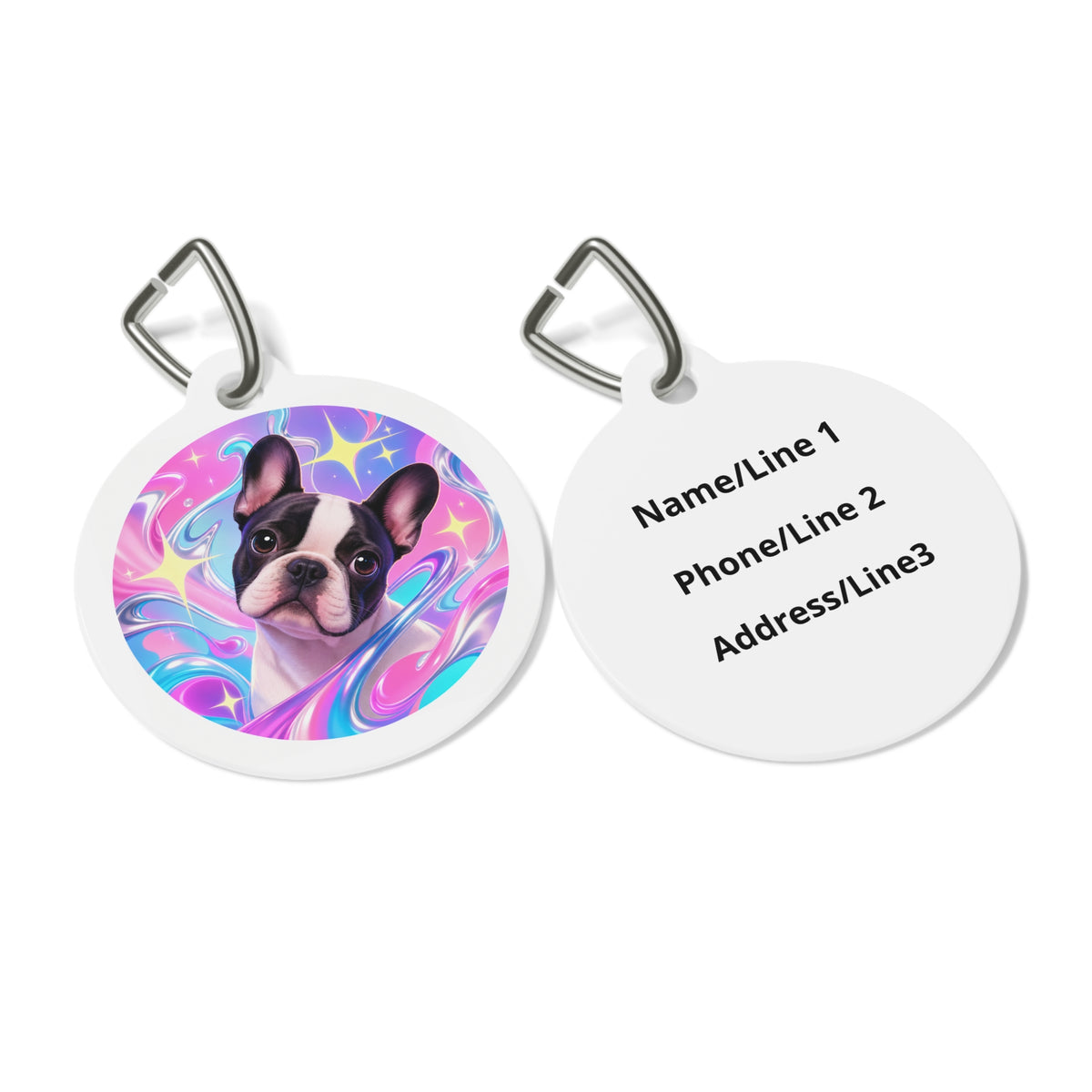 Close-up of French Bulldog Charming Cosmic artwork on personalized dog ID tag