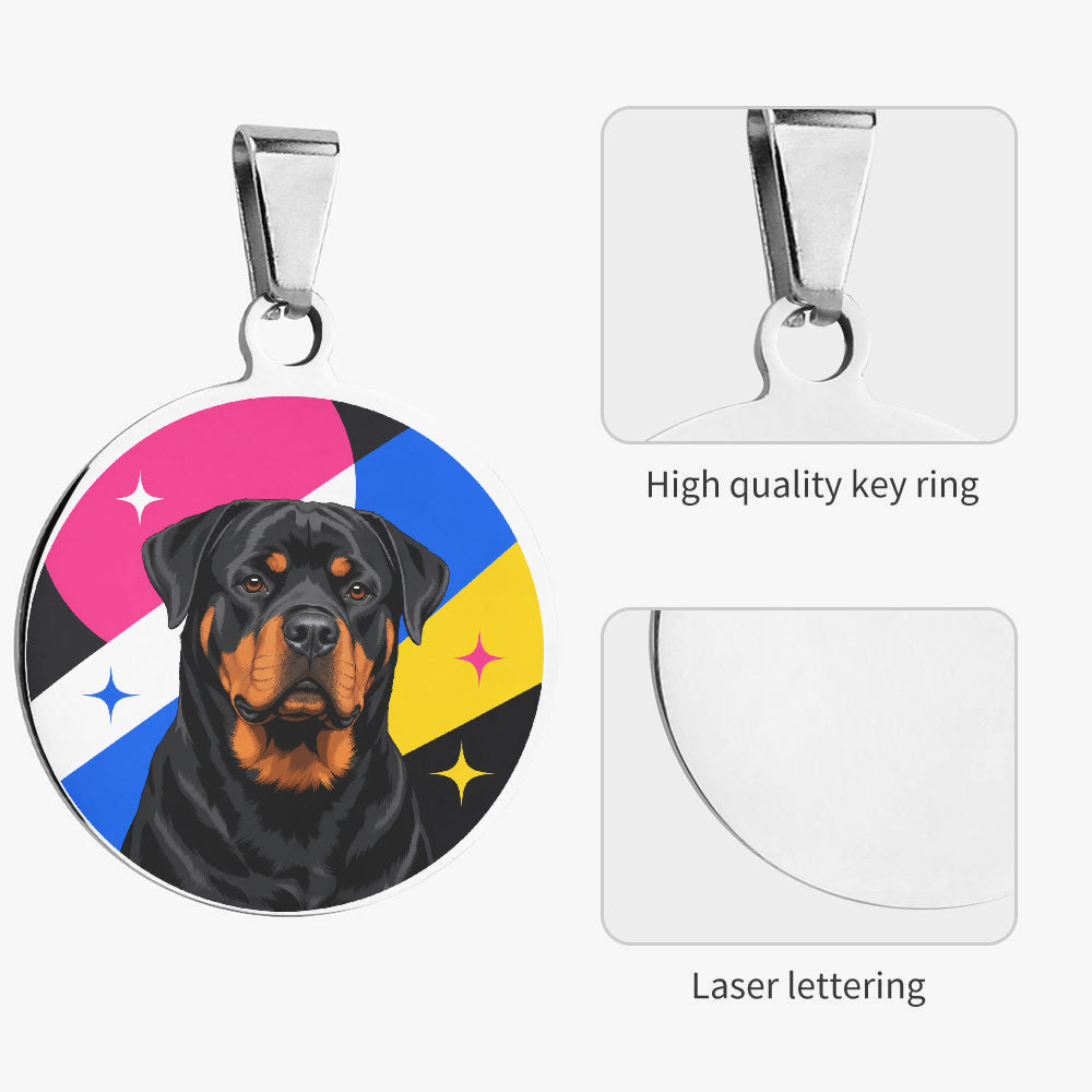 Close-up of Rottweiler Bold Geometric Portrait artwork on personalized dog ID tag