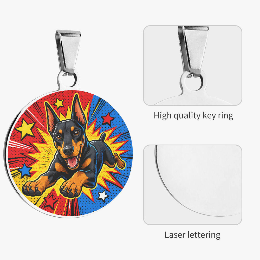 Close-up of Doberman Pinscher Comic Hero Burst artwork on personalized dog ID tag