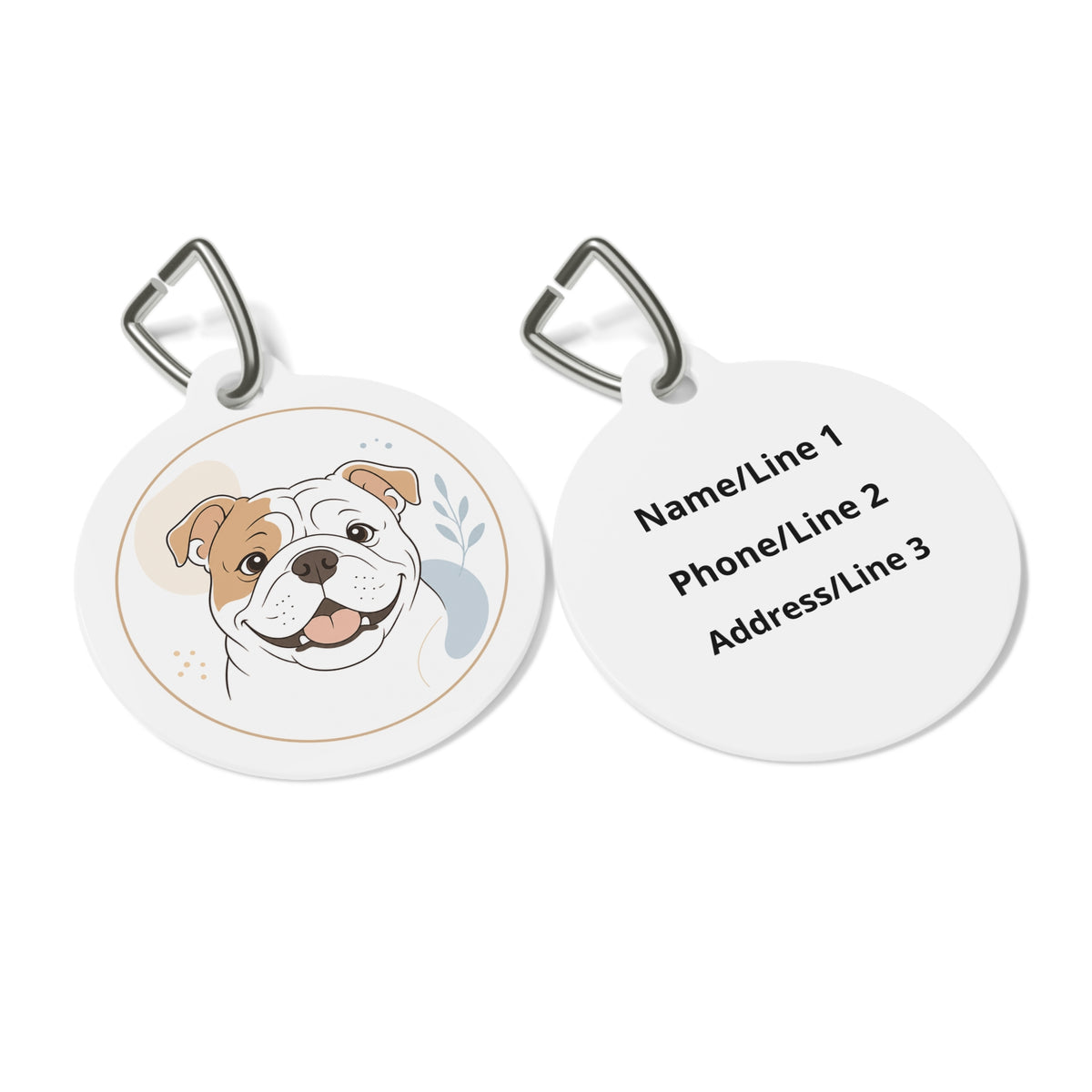 Close-up of Bulldog Happy Line Art artwork on personalized dog ID tag