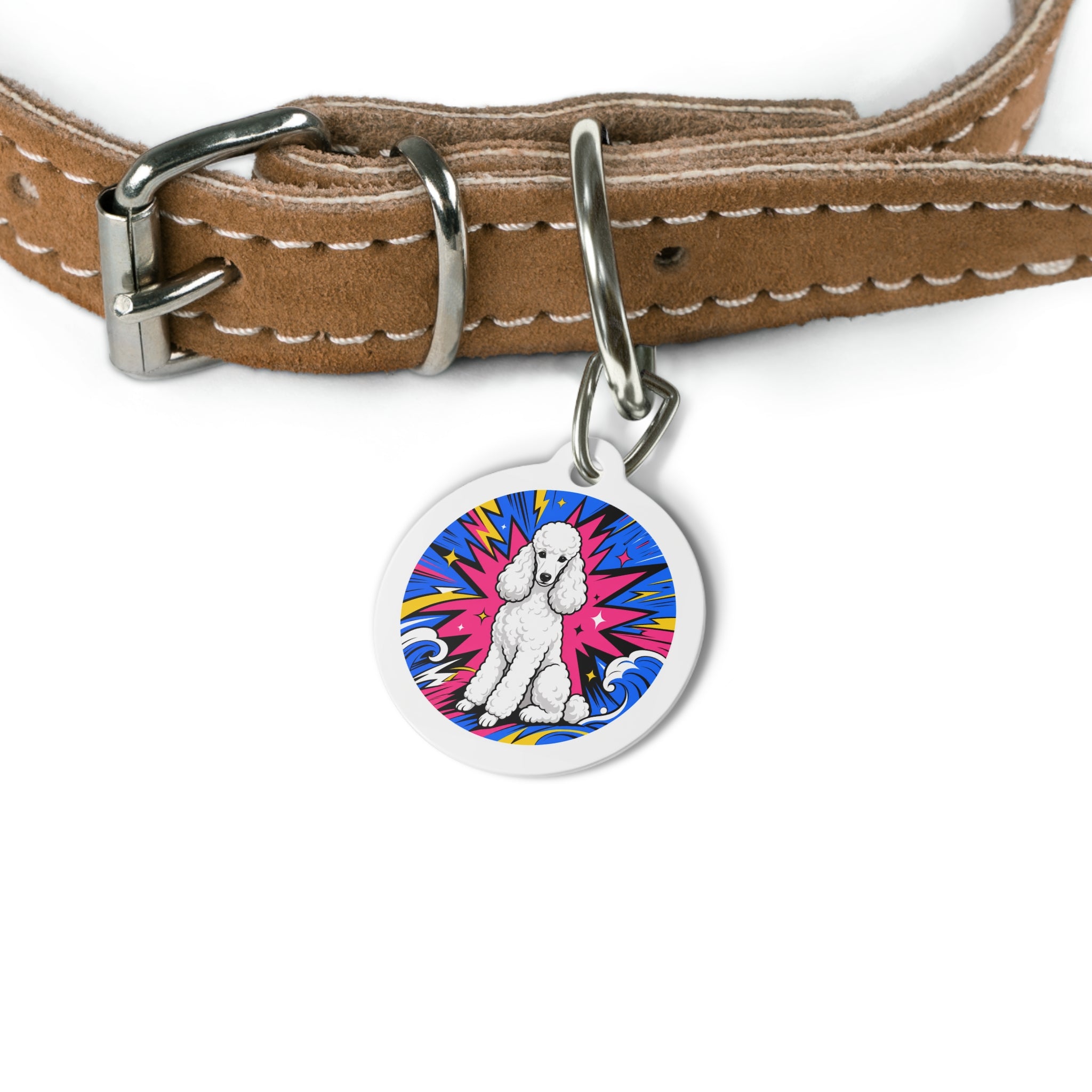 Etiqueta de identificación de perro personalizada Poodle Comic Burst