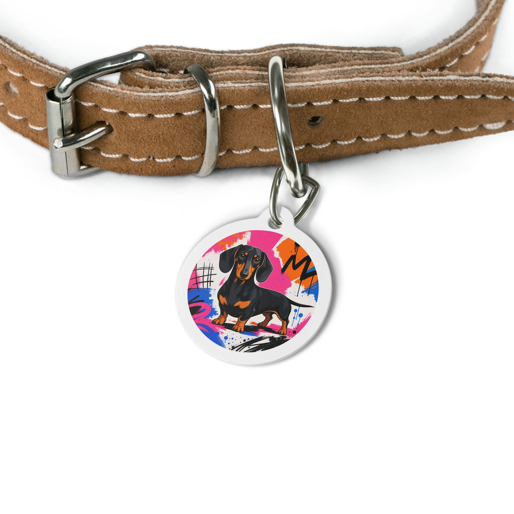 Etiqueta de identificación de perro Dachshund alegre de color vibrante y personalizada