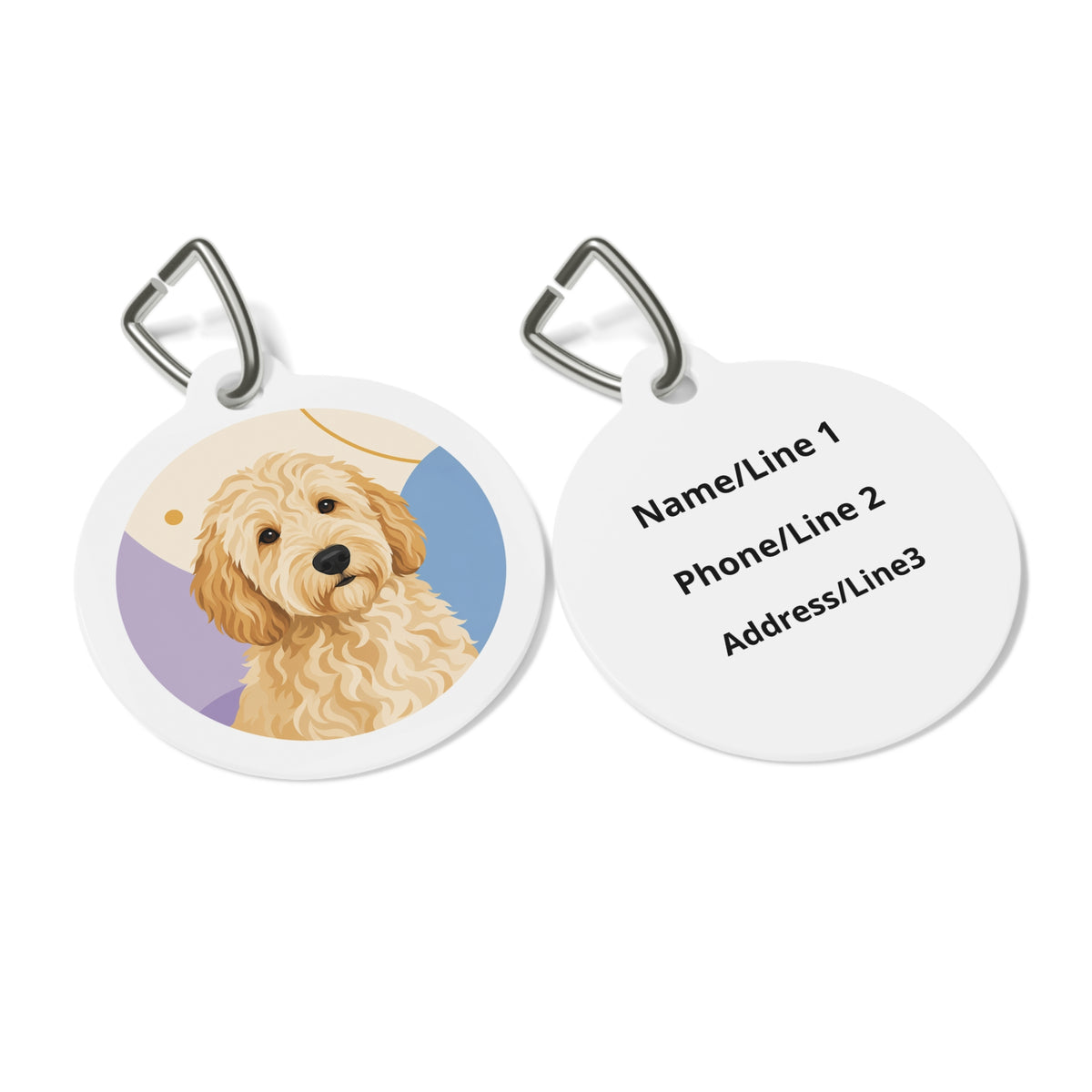 Close-up of Goldendoodle Warm Storybook Portrait artwork on personalized dog ID tag