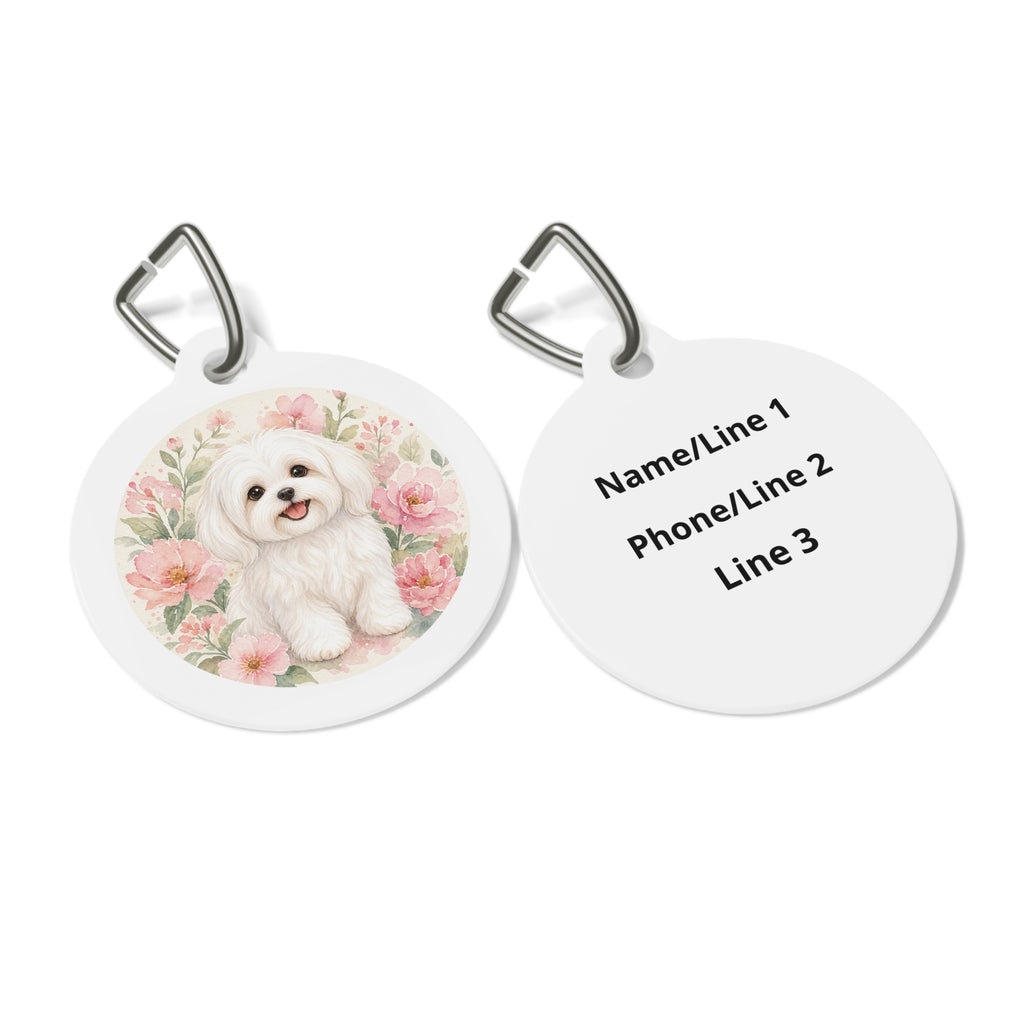Placa de identificación personalizada para perro "Jardín floral rosa maltés"