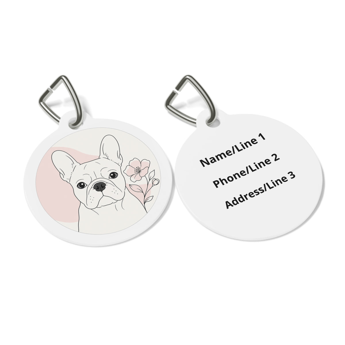 Close-up of French Bulldog Bright Floral artwork on personalized dog ID tag