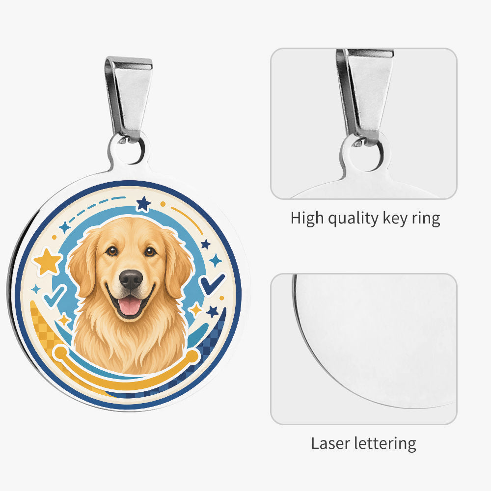 Close-up of Golden Retriever Coastal Emblem Portrait artwork on personalized dog ID tag