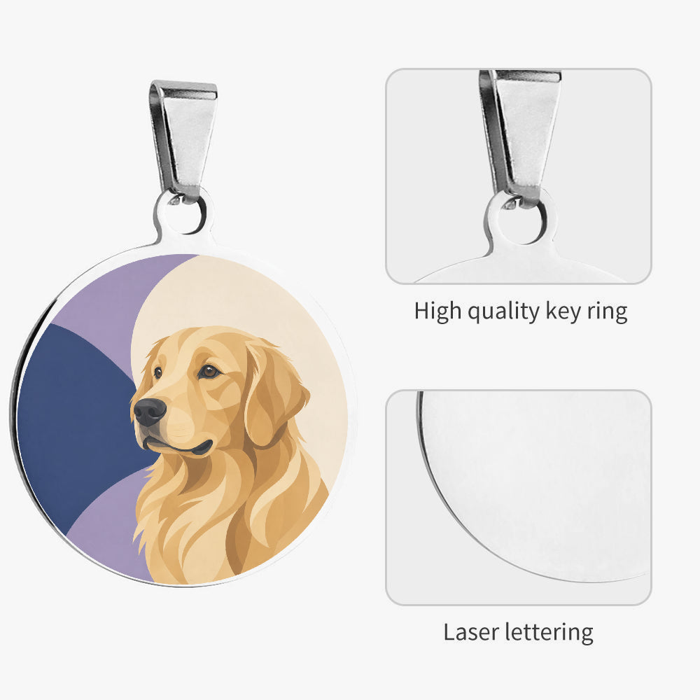 Close-up of Golden Retriever Minimal Navy Profile artwork on personalized dog ID tag