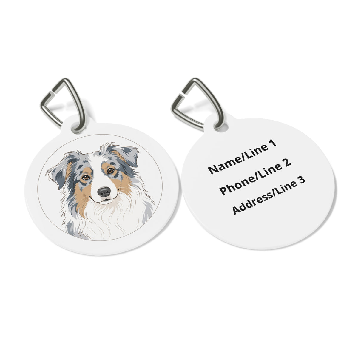 Close-up of Australian Shepherd Minimal Blue Merle artwork on personalized dog ID tag