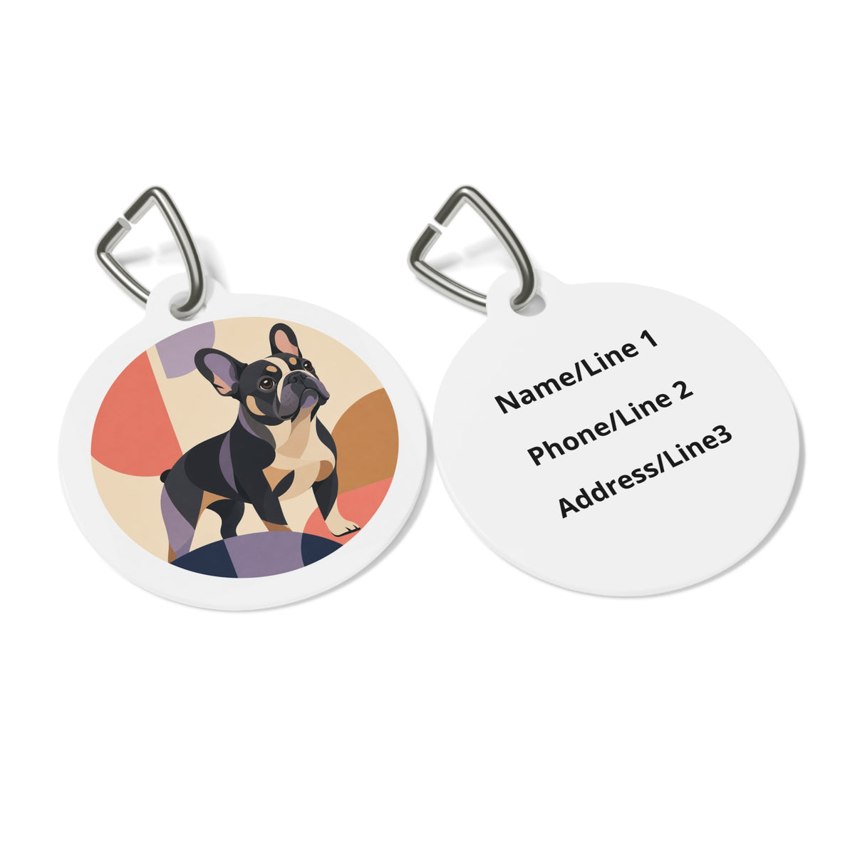 Close-up of French Bulldog Modern Geometric artwork on personalized dog ID tag