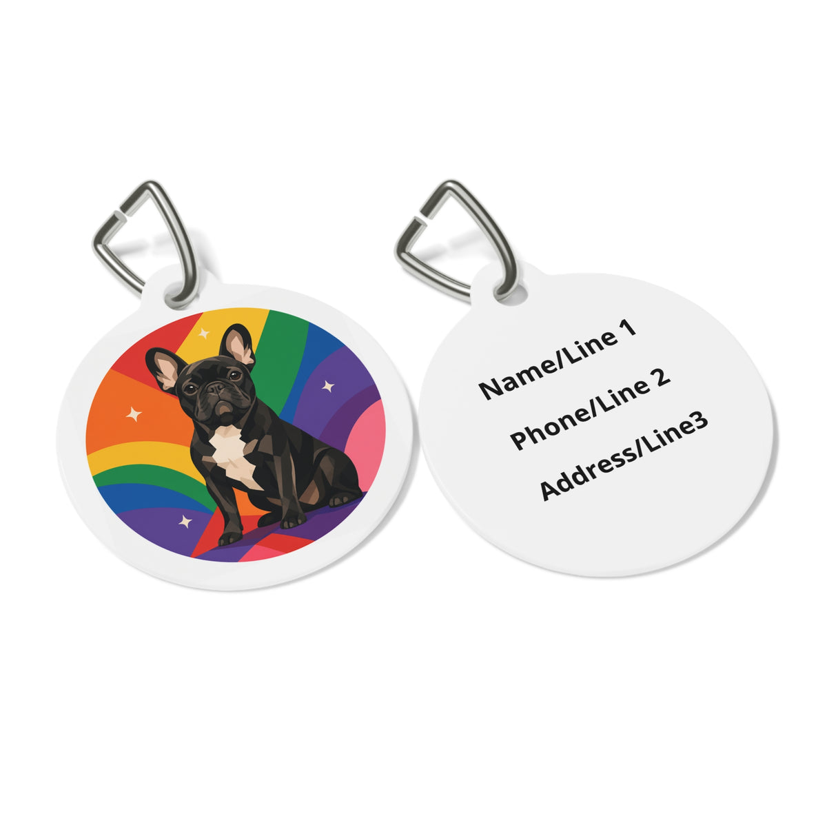Close-up of French Bulldog Charming Rainbow artwork on personalized dog ID tag