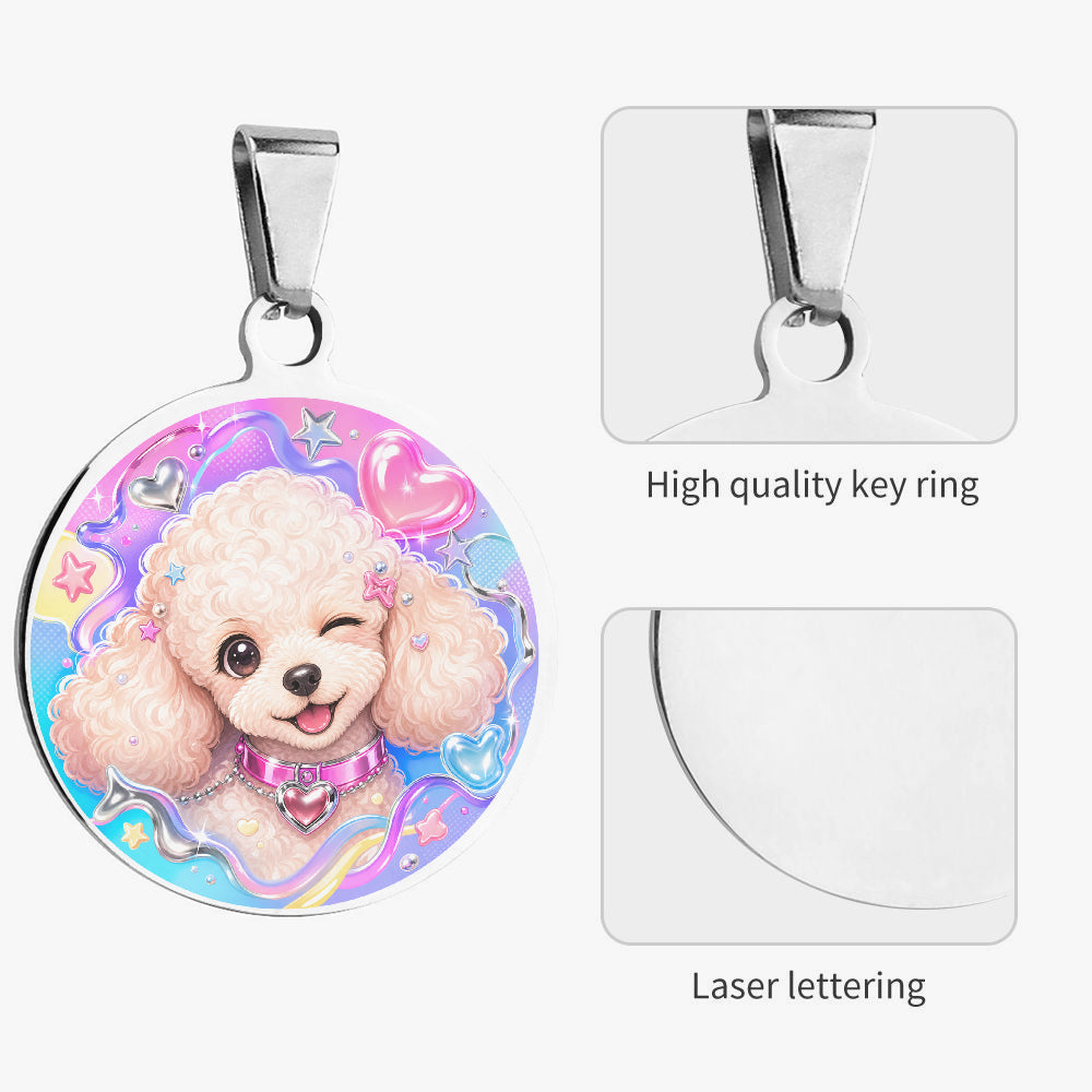 Close-up of Poodle Kawaii Rainbow Glam artwork on personalized dog ID tag
