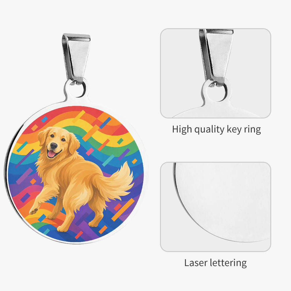Close-up of Golden Retriever Rainbow Abstract Adventure artwork on personalized dog ID tag