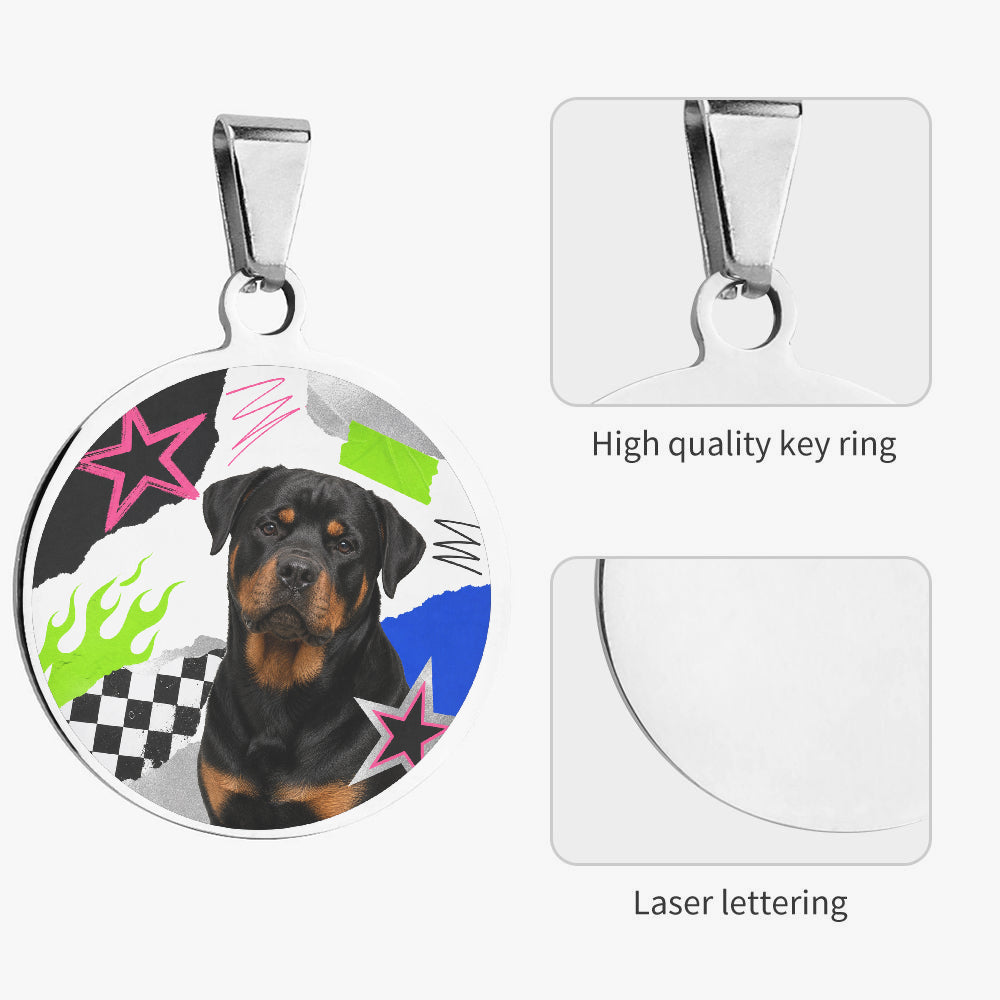 Close-up of Rottweiler Punk Checkered Graffiti artwork on personalized dog ID tag