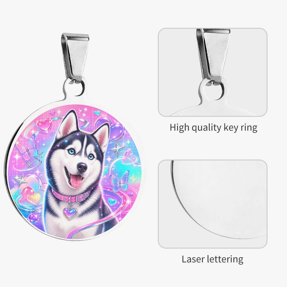 Close-up of Siberian Husky Rainbow Glam Superstar artwork on personalized dog ID tag