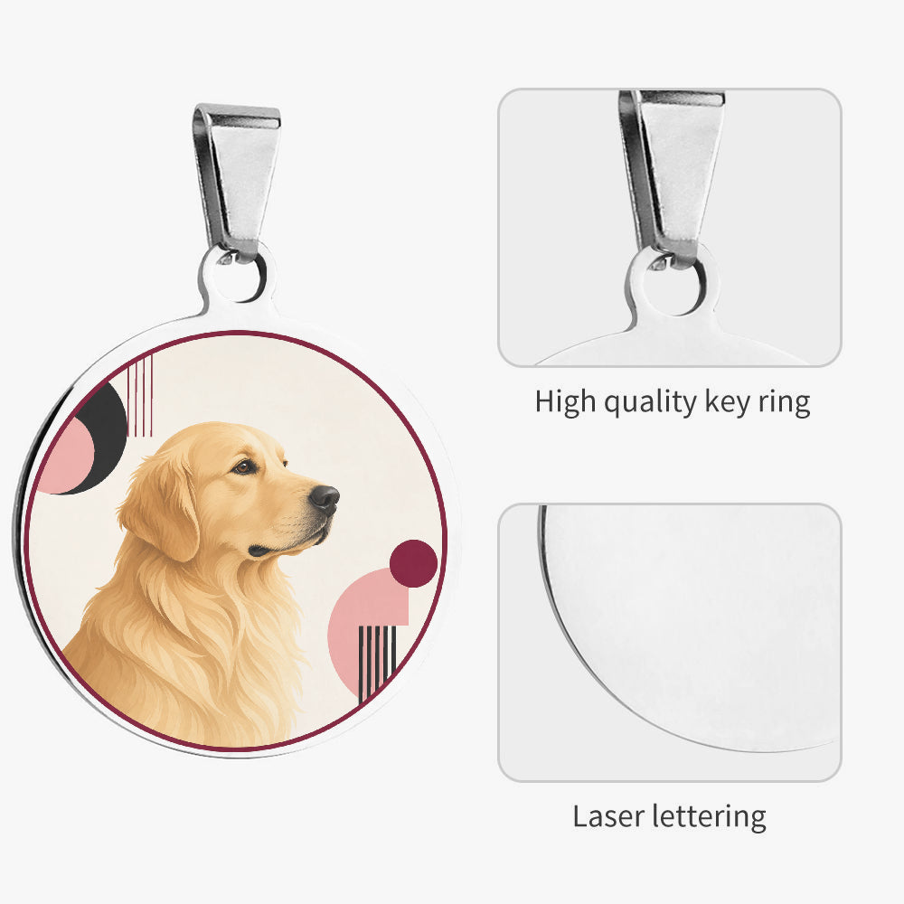 Close-up of Golden Retriever Minimal Memphis Profile artwork on personalized dog ID tag