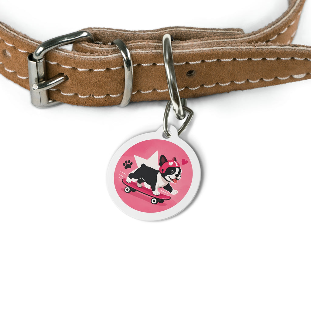 Skater Frenchie Energetic Sports Illustration Personalized Dog ID Tag