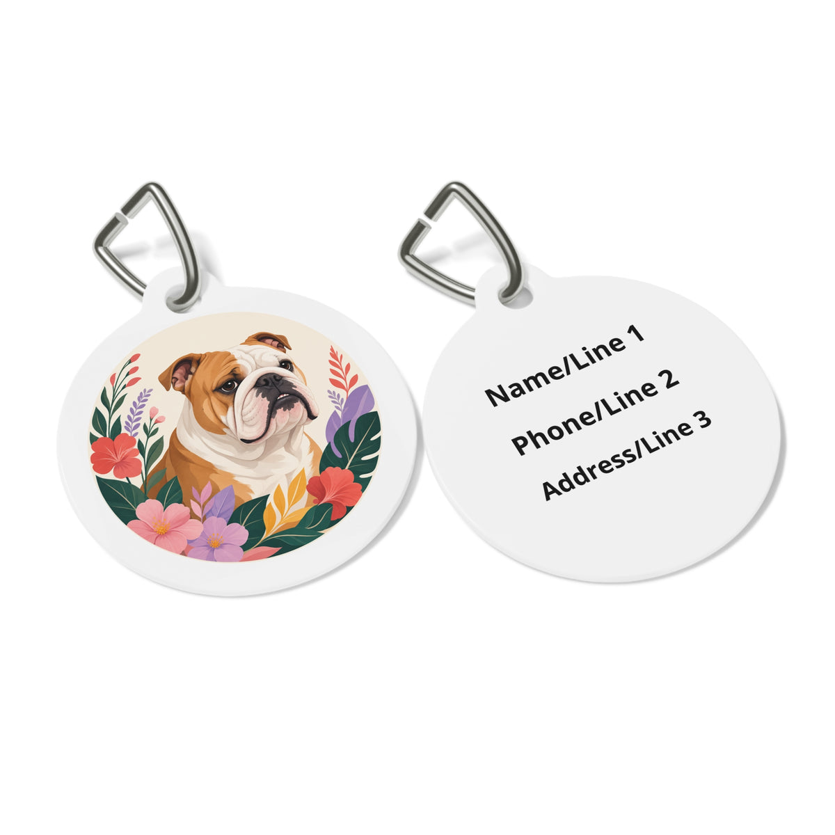 Close-up of Bulldog Tropical Bloom artwork on personalized dog ID tag