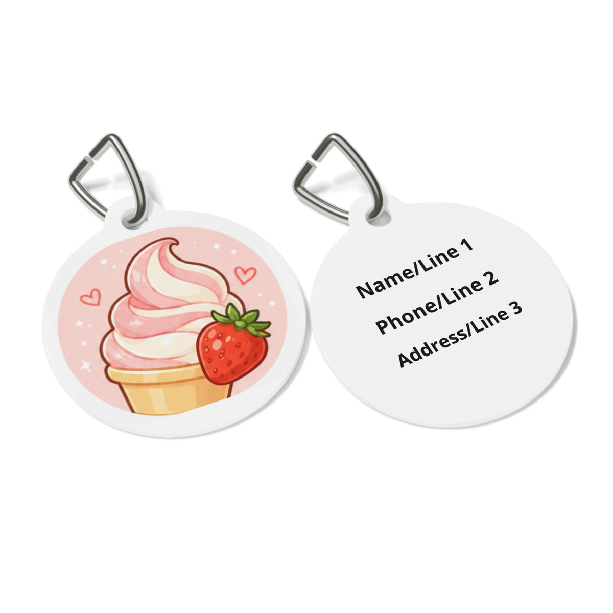 Close-up of Strawberry Soft Serve Whimsical Foodie Art artwork on personalized dog ID tag