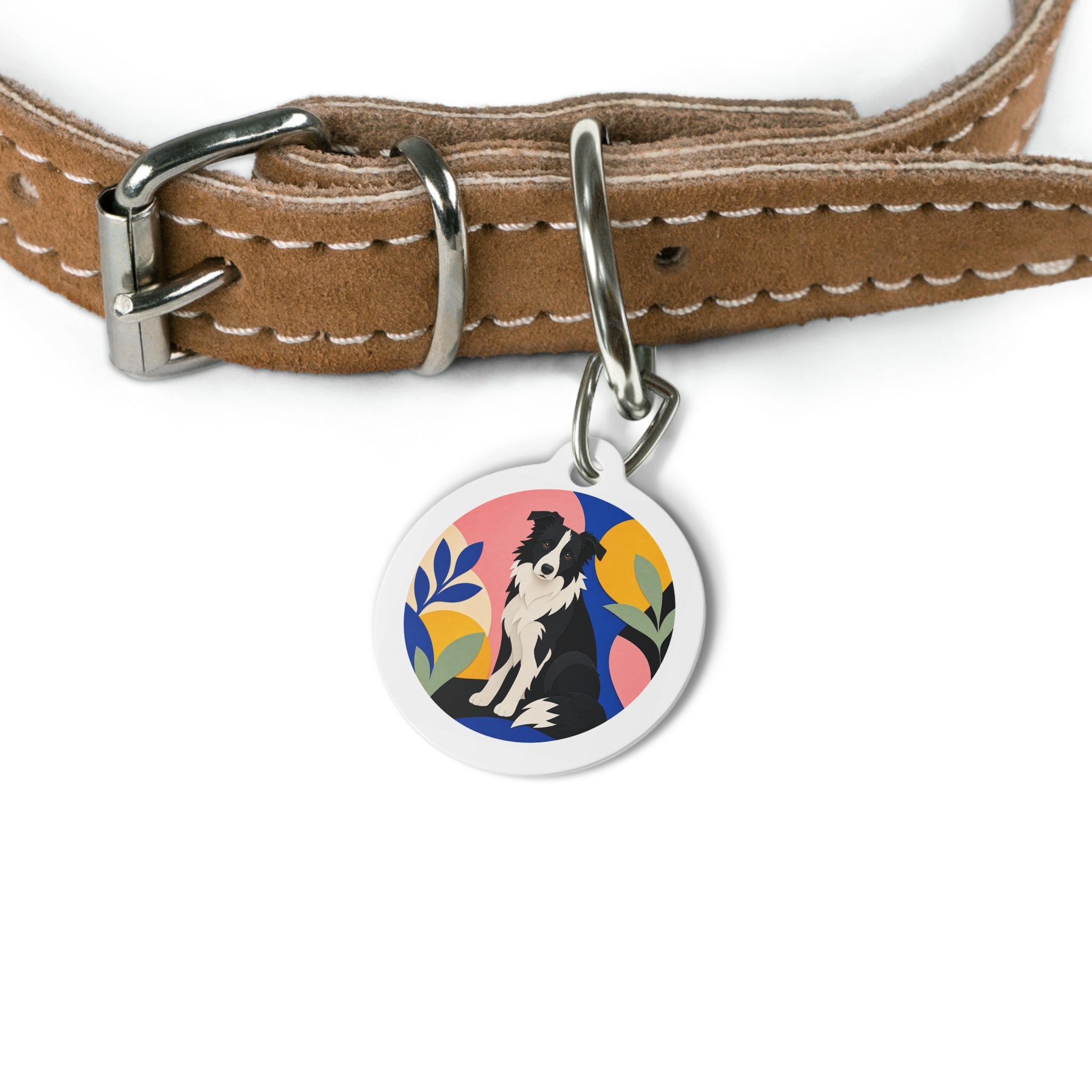 Border Collie Modern Botanical Colorblock Personalized Dog ID Tag