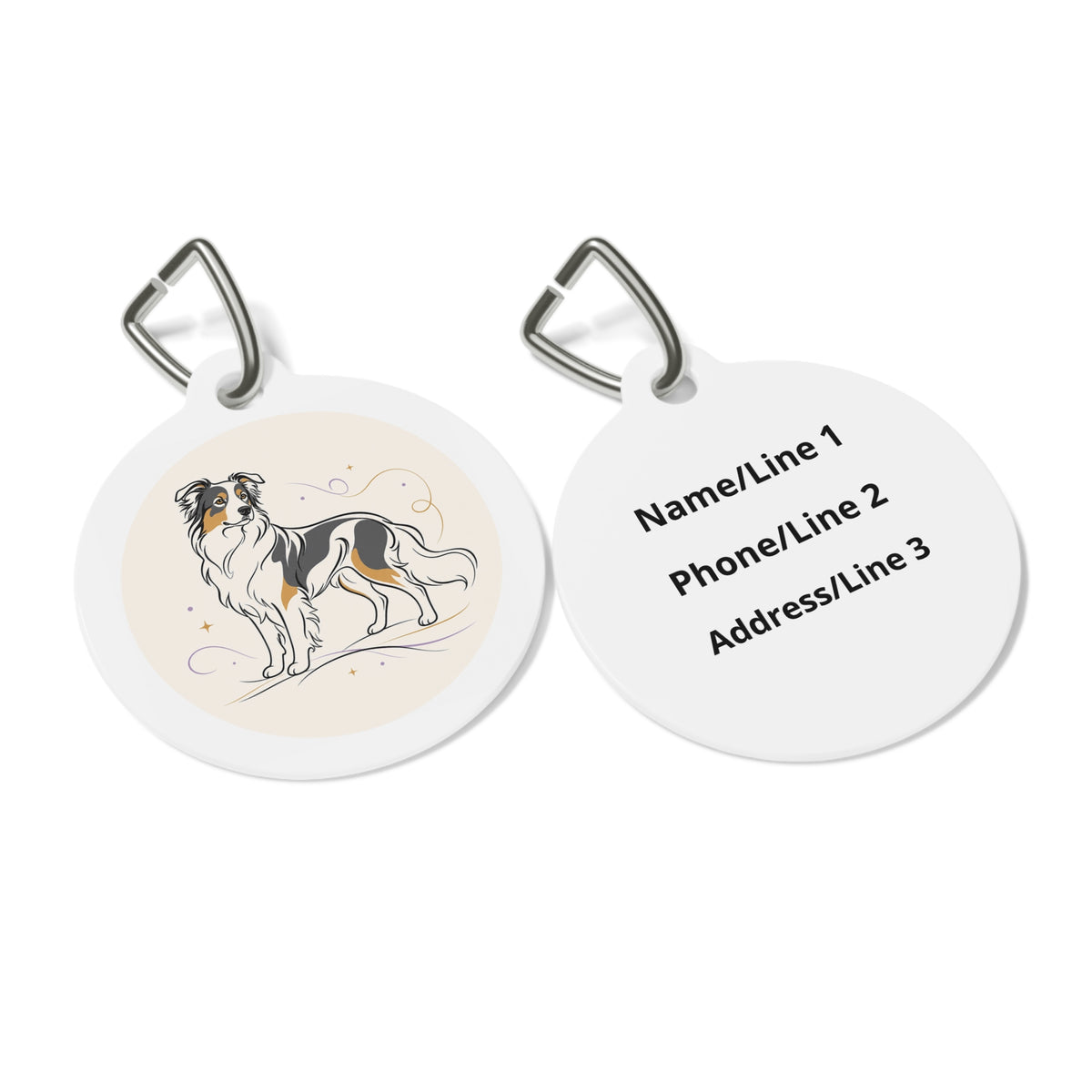Close-up of Australian Shepherd Minimal Line Art artwork on personalized dog ID tag