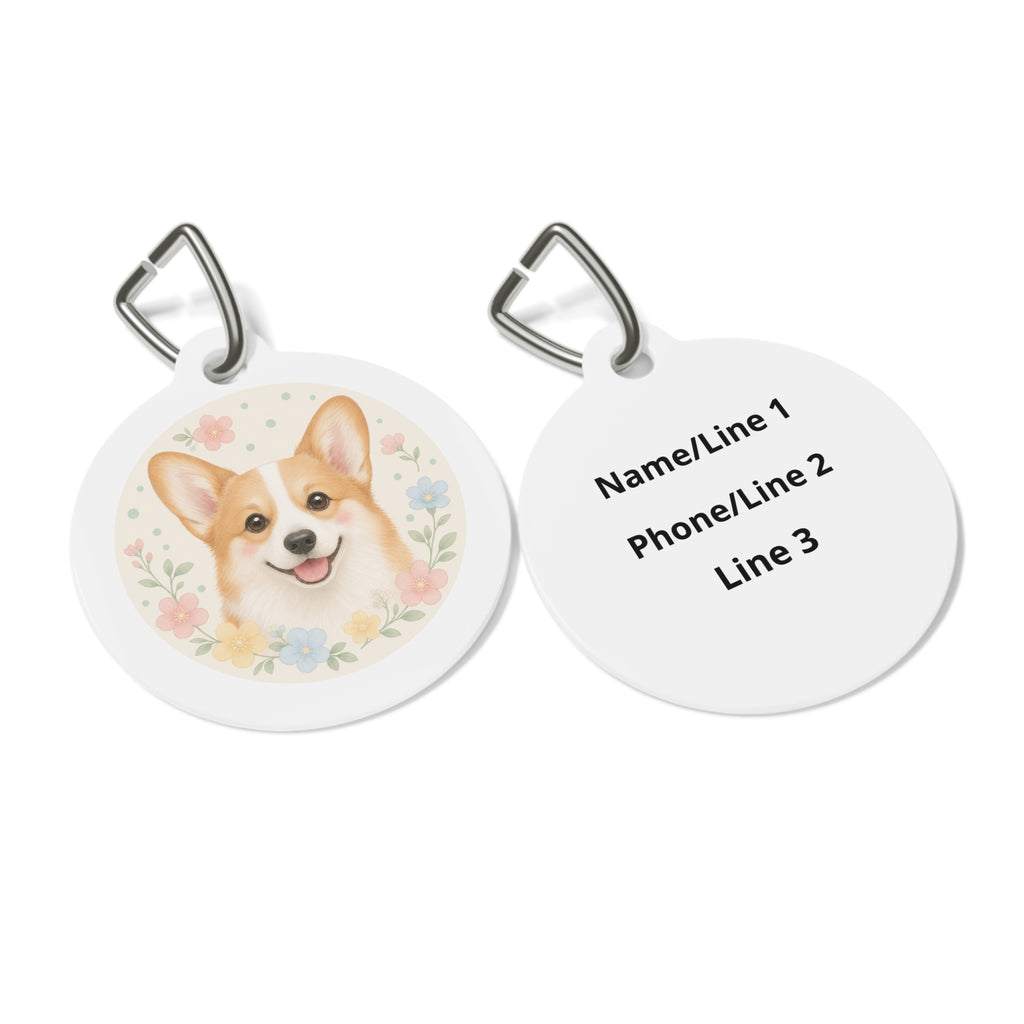 Chapa de identificación para perros personalizada floral alegre Corgi galés de Pembroke