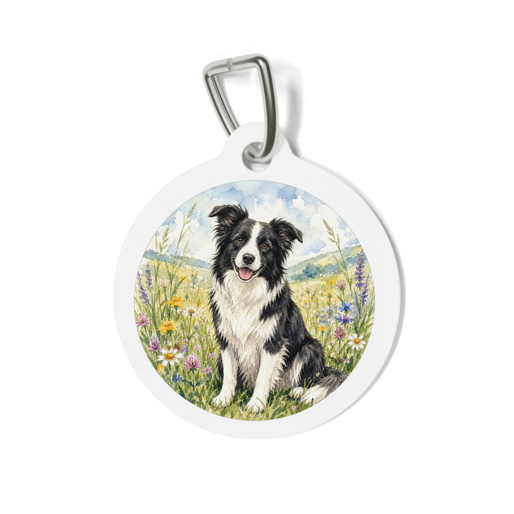 Border Collie Wildflower Watercolor Personalized Dog ID Tag