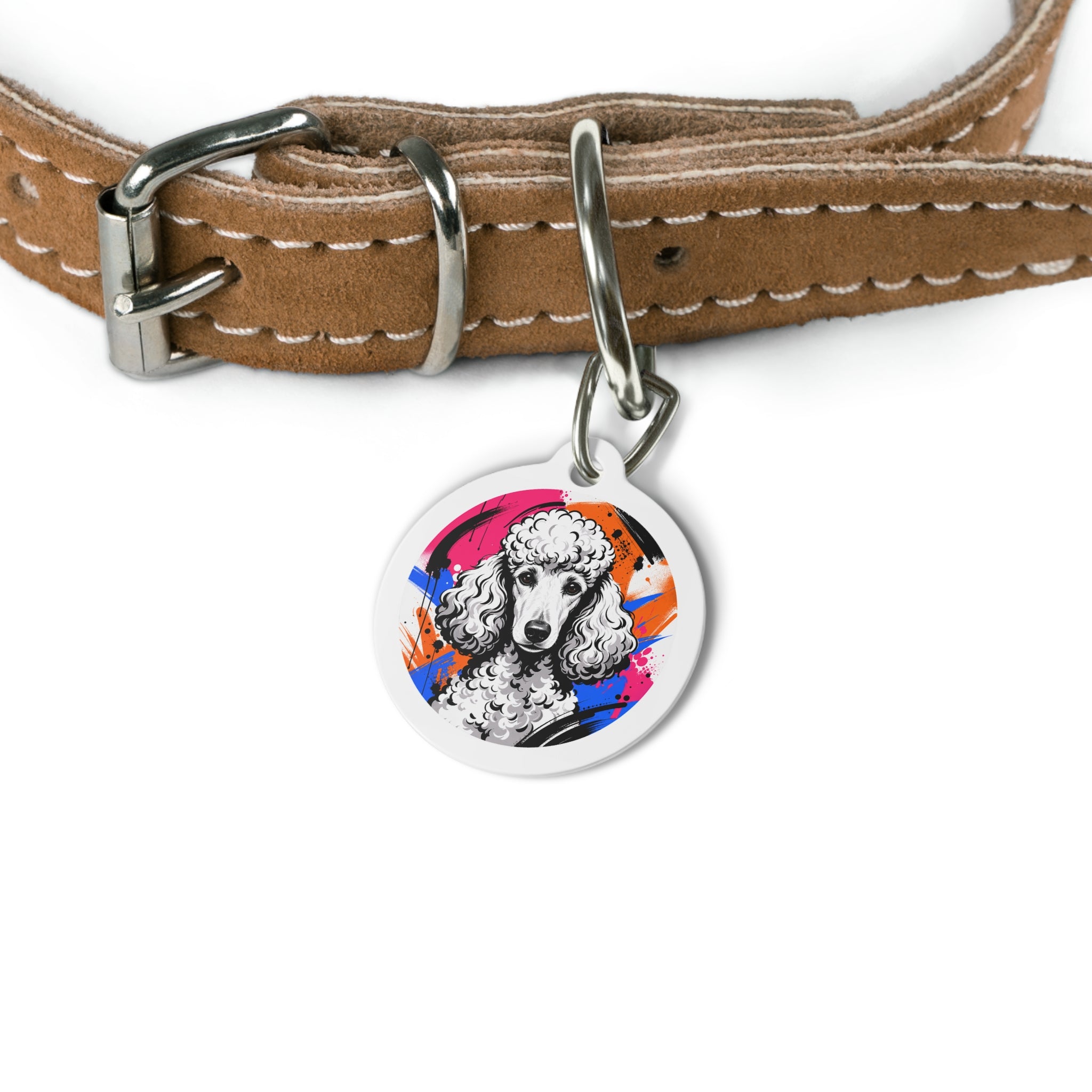 Chapa de identificación personalizada para perro con salpicaduras de tinta y caniche