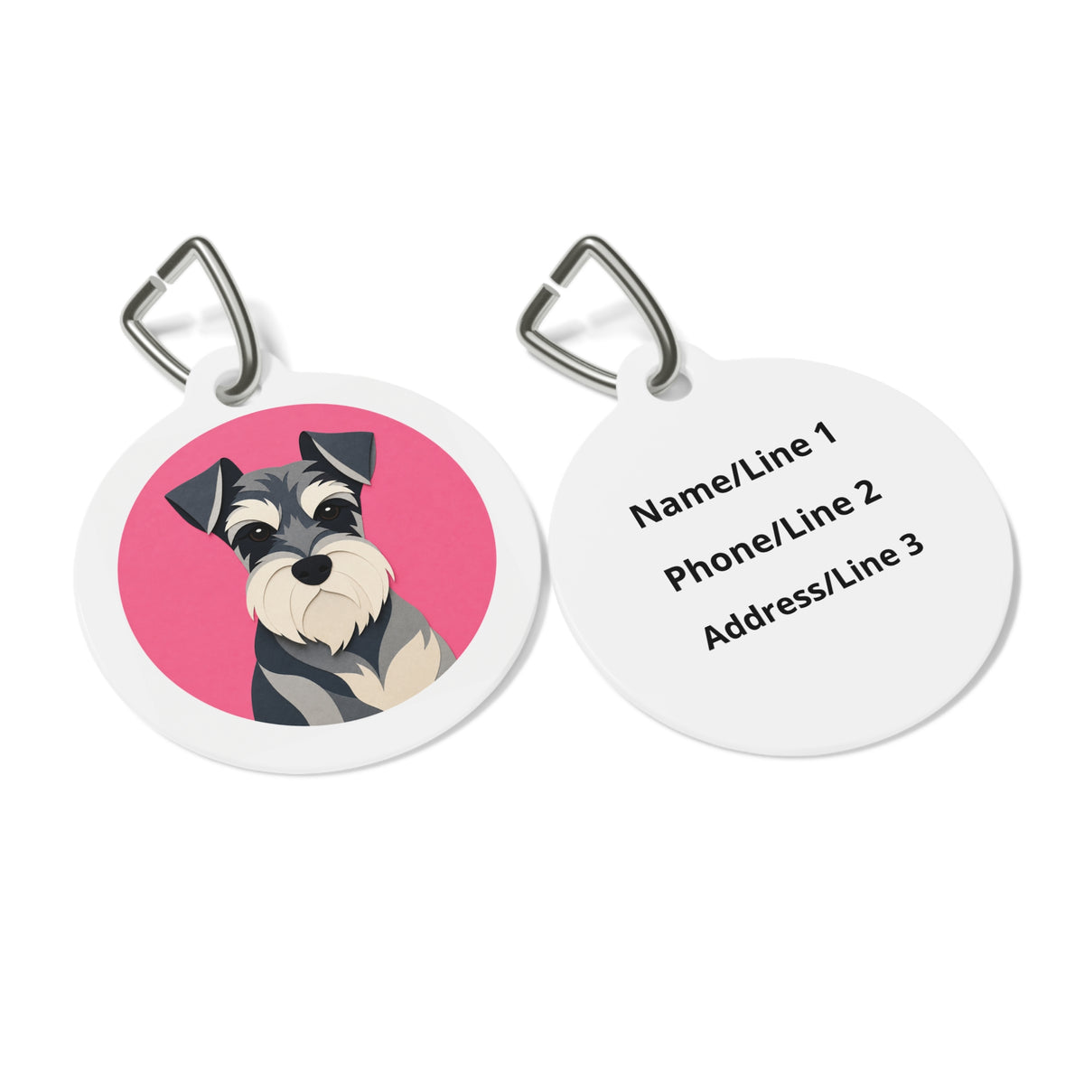 Close-up of Miniature Schnauzer Charming Playful Portrait artwork on personalized dog ID tag