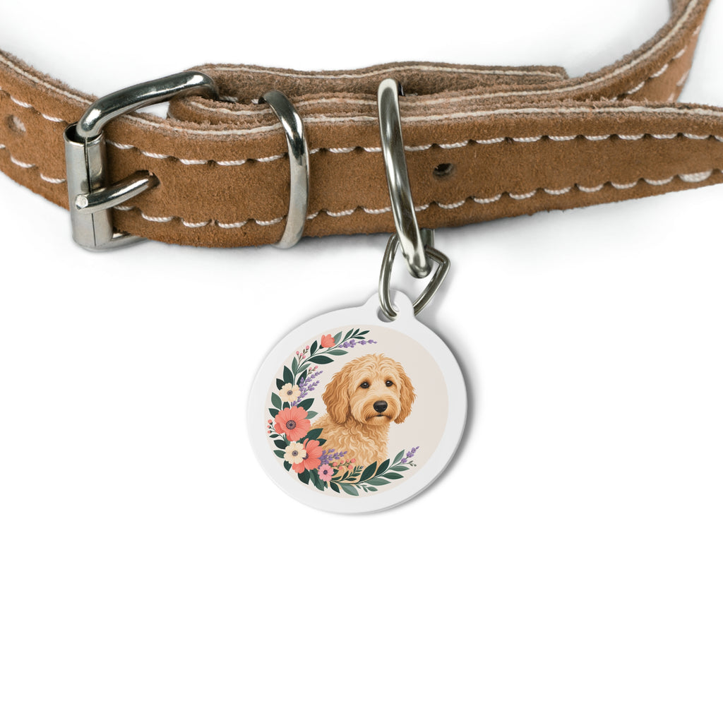 Goldendoodle Retrato Floral Delicado Placa de Identificación Personalizada para Perro
