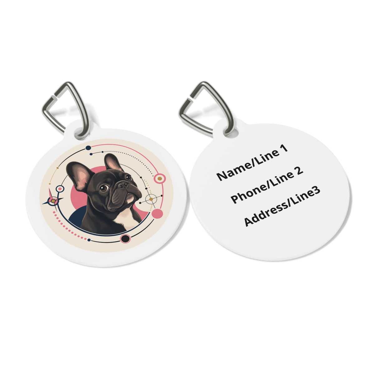 Close-up of French Bulldog Joyful Modern Retro artwork on personalized dog ID tag