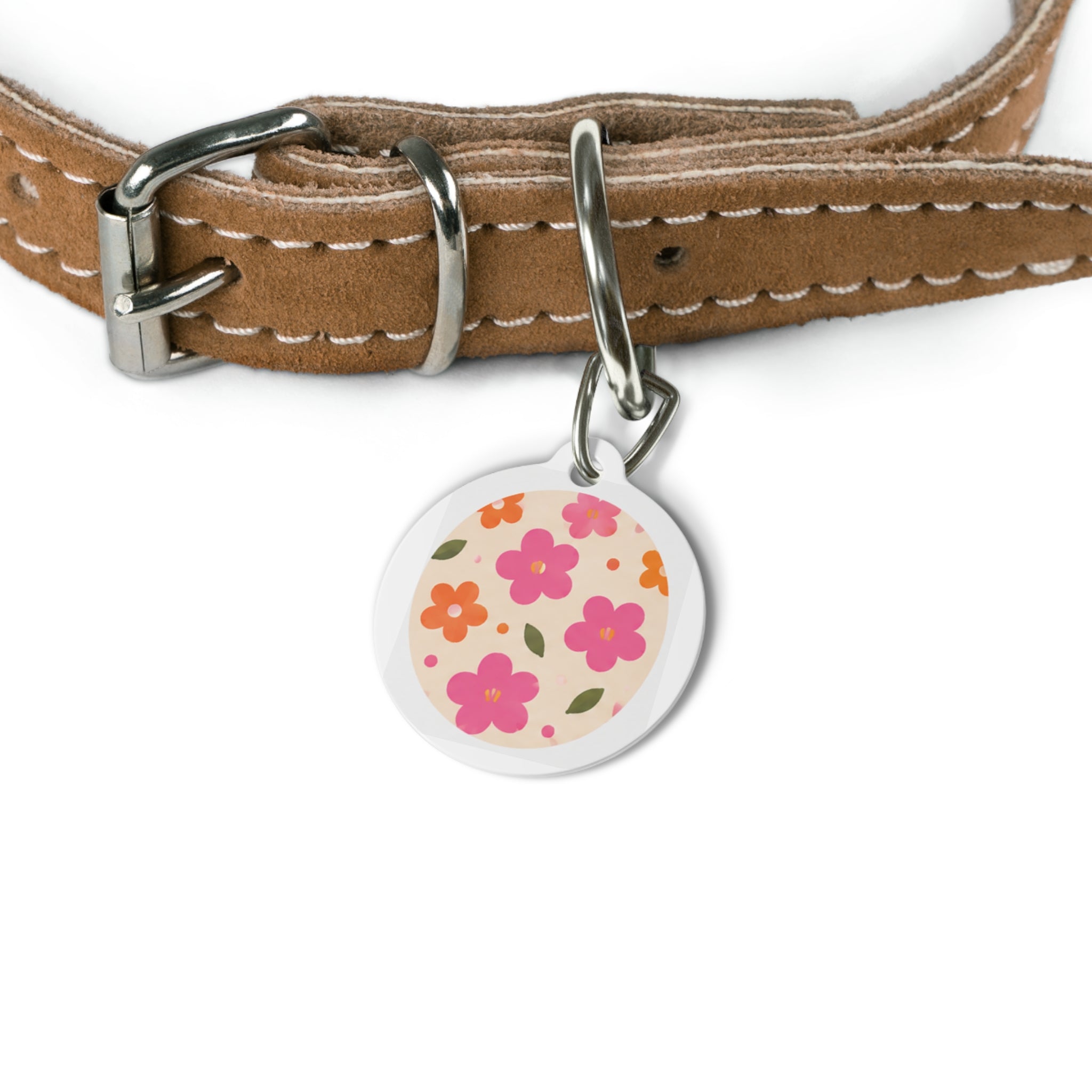 Retro Pink & Orange Blooms Retro Floral Pattern Personalized Dog ID Tag