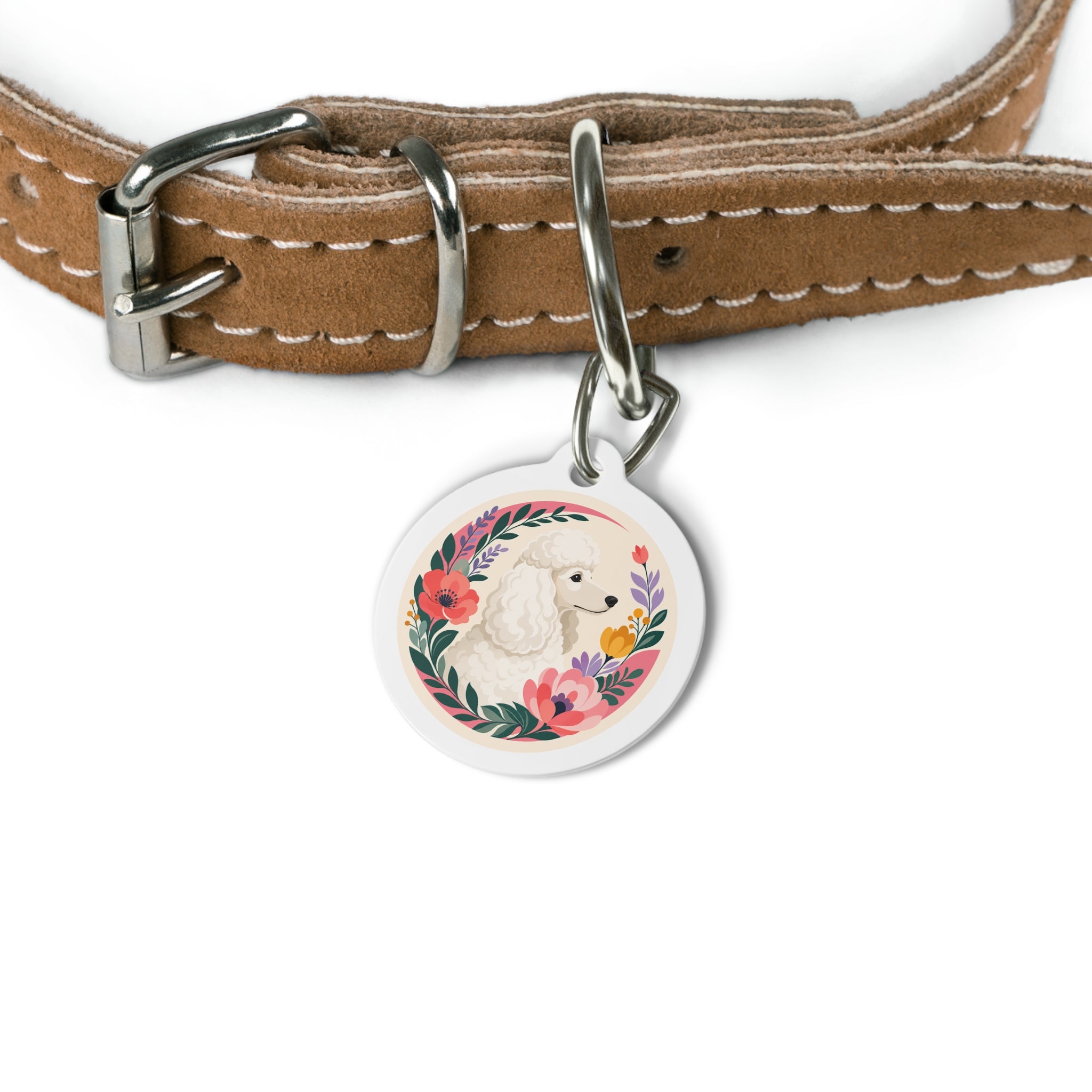 Poodle Wildflower Wreath Personalized Dog ID Tag