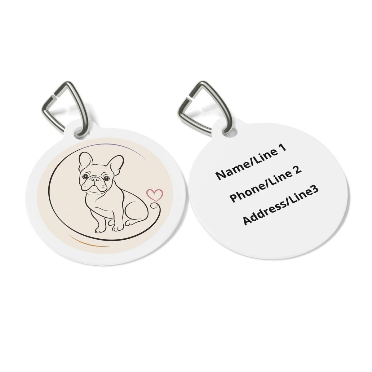 Close-up of French Bulldog Charming Minimal Line Art artwork on personalized dog ID tag