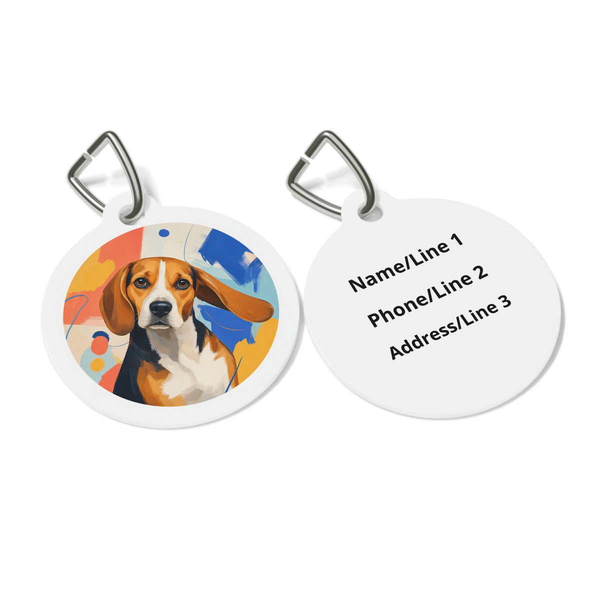 Close-up of Beagle Painterly Abstract artwork on personalized dog ID tag