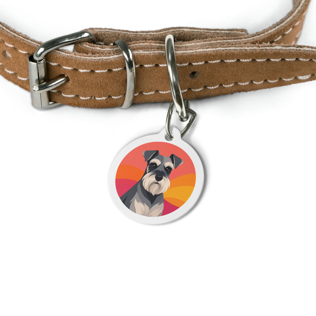 Chapa de identificación personalizada para perro Schnauzer miniatura con diseño de atardecer retro
