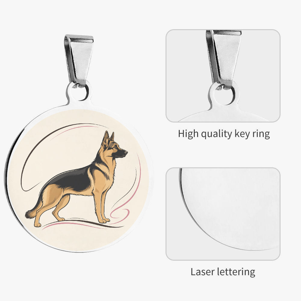 Close-up of German Shepherd Minimal Motion Line Art artwork on personalized dog ID tag