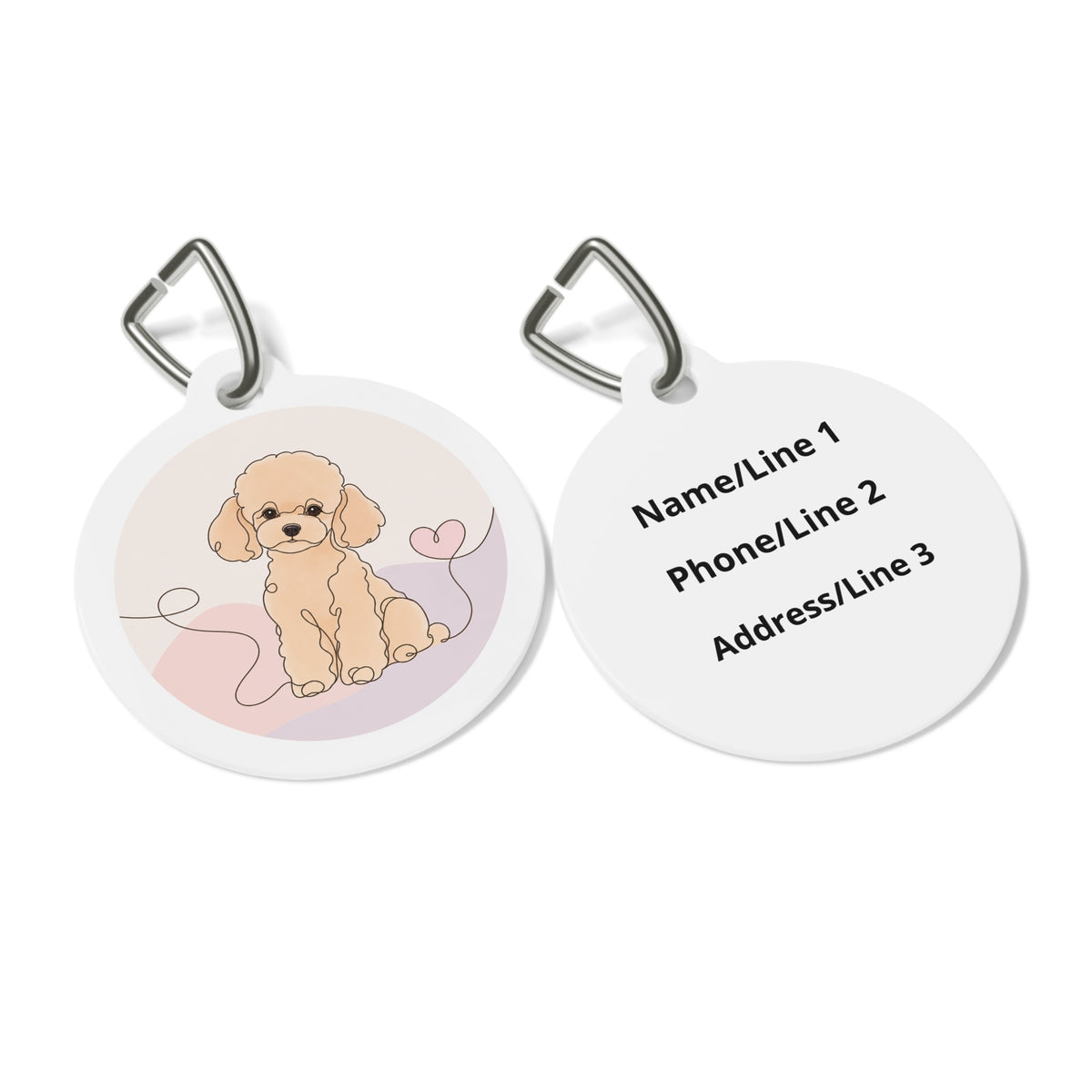 Close-up of Toy Poodle Sweetheart Line Art Apricot Puppy artwork on personalized dog ID tag