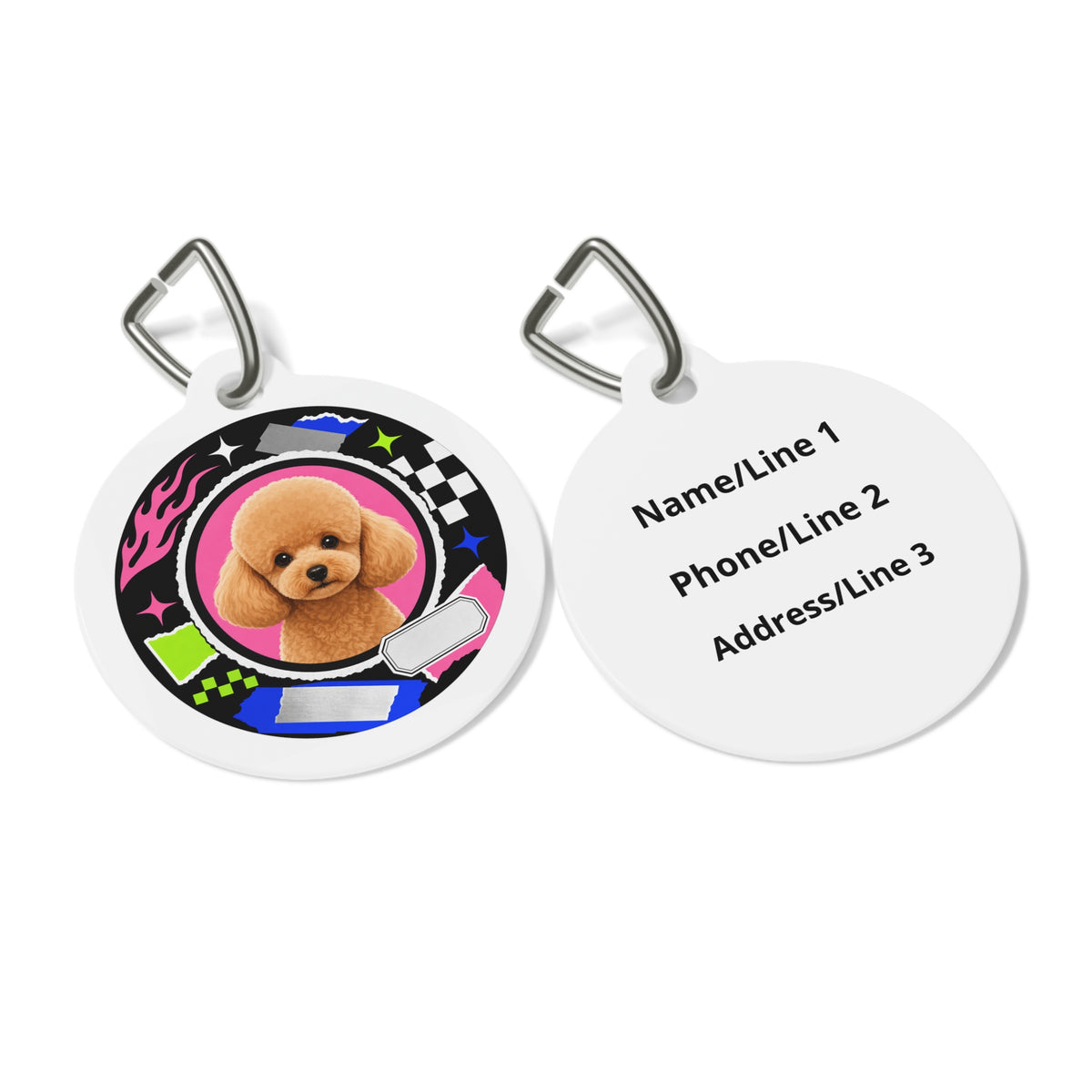 Close-up of Toy Poodle Neon Punk Frame Apricot artwork on personalized dog ID tag