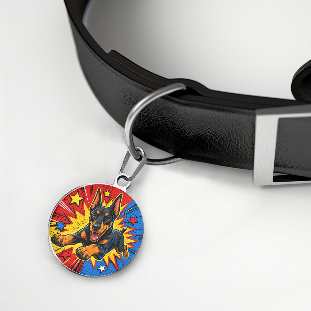 Doberman Pinscher Comic Hero Burst personalized dog ID tag product detail