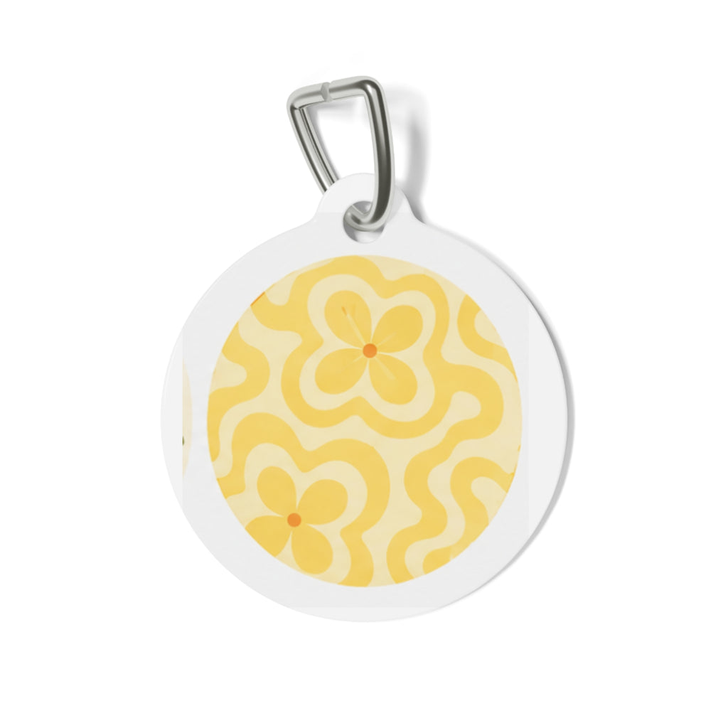 Groovy Yellow Floral Retro Floral Pattern Personalized Dog ID Tag