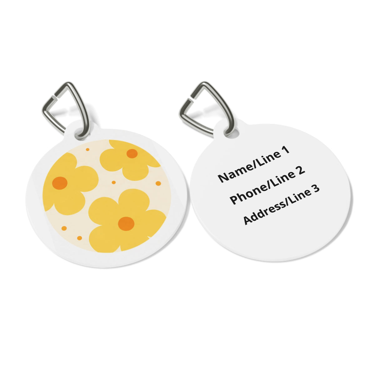 Close-up of Mod Sunshine Flower Retro Floral Pattern artwork on personalized dog ID tag
