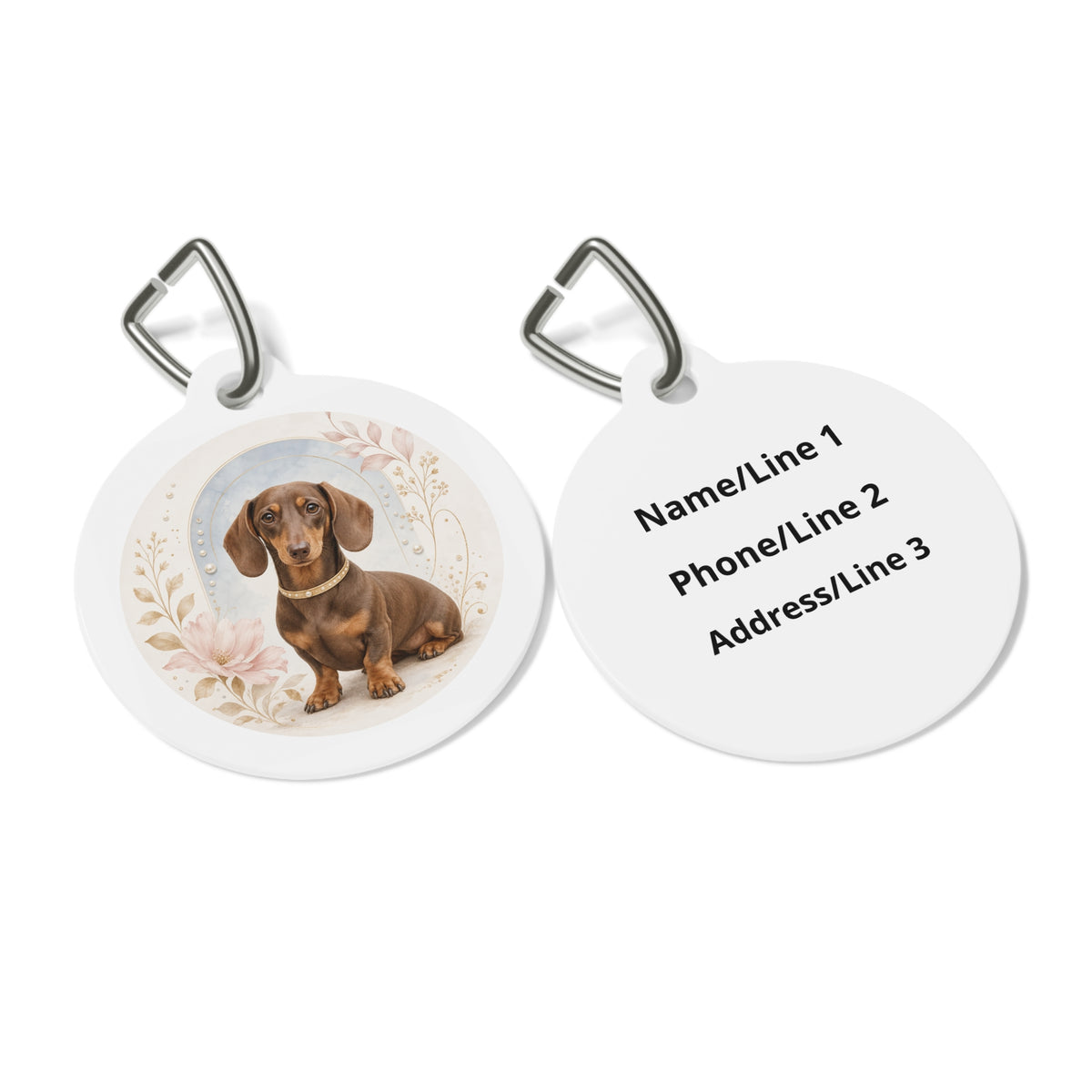 Close-up of Dachshund Whimsical Floral artwork on personalized dog ID tag