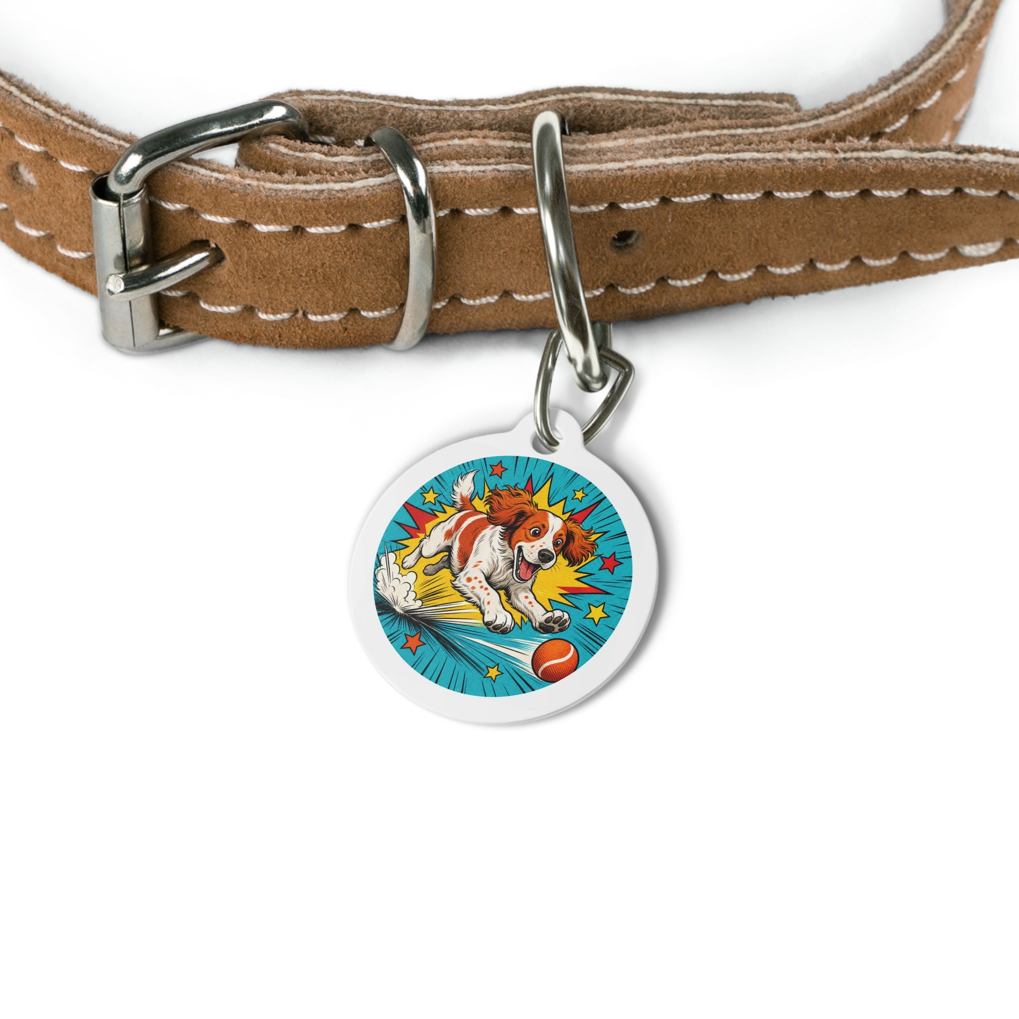 Brittany Comic Ball-Chaser Personalized Dog ID Tag
