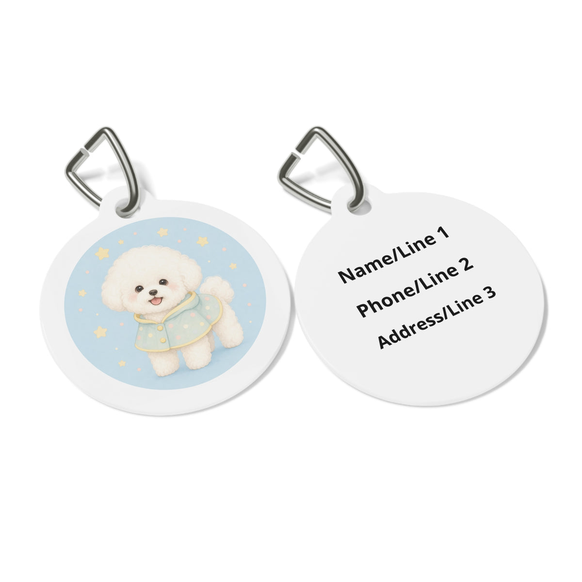 Close-up of Bichon Frise Bright Cute Portrait artwork on personalized dog ID tag
