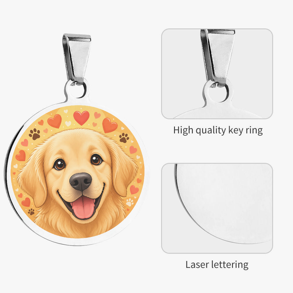 Close-up of Golden Retriever Autumn Hearts Portrait artwork on personalized dog ID tag