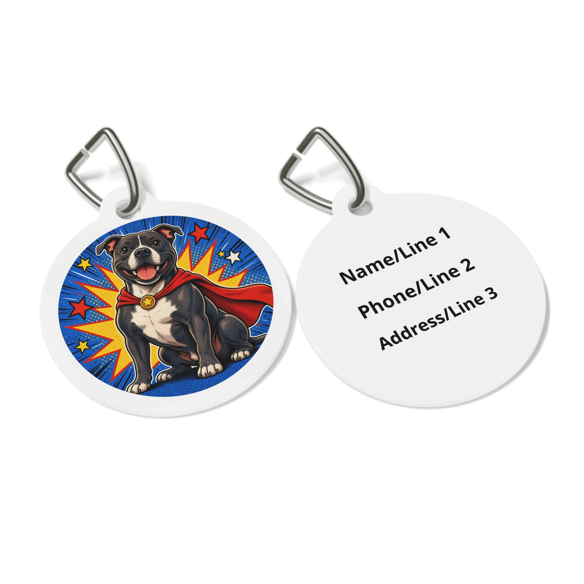 Close-up of Staffordshire Bull Terrier Superhero Comic artwork on personalized dog ID tag