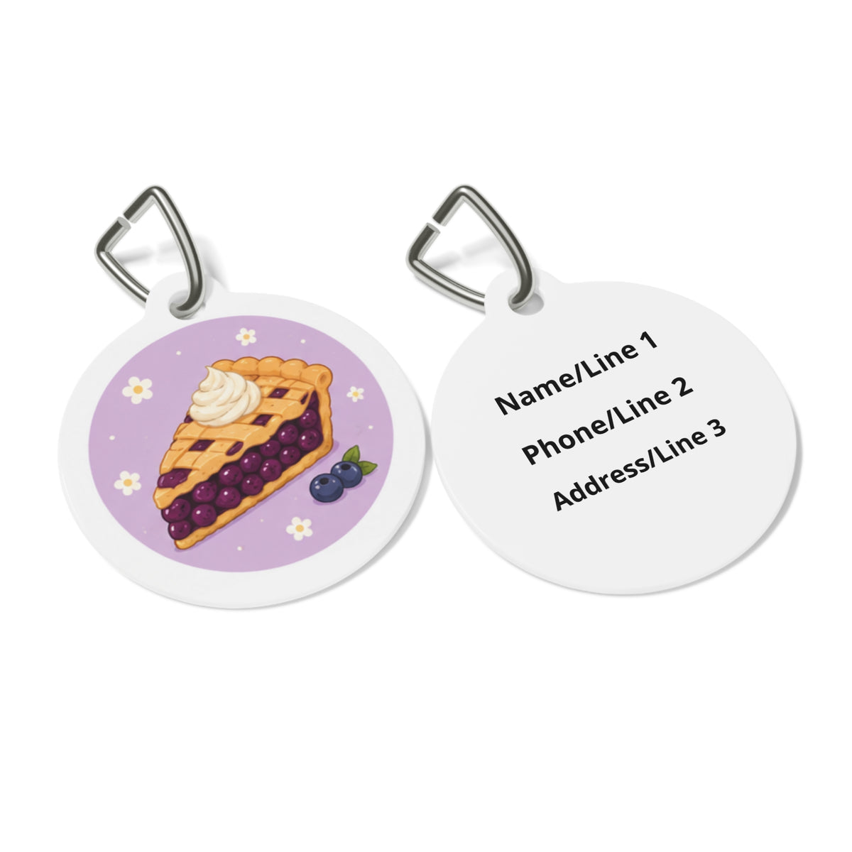 Close-up of Blueberry Lattice Pie Whimsical Foodie Art artwork on personalized dog ID tag