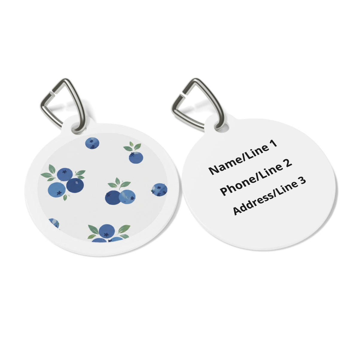 Close-up of Blueberry Sprig Cheerful Fruit Pattern artwork on personalized dog ID tag