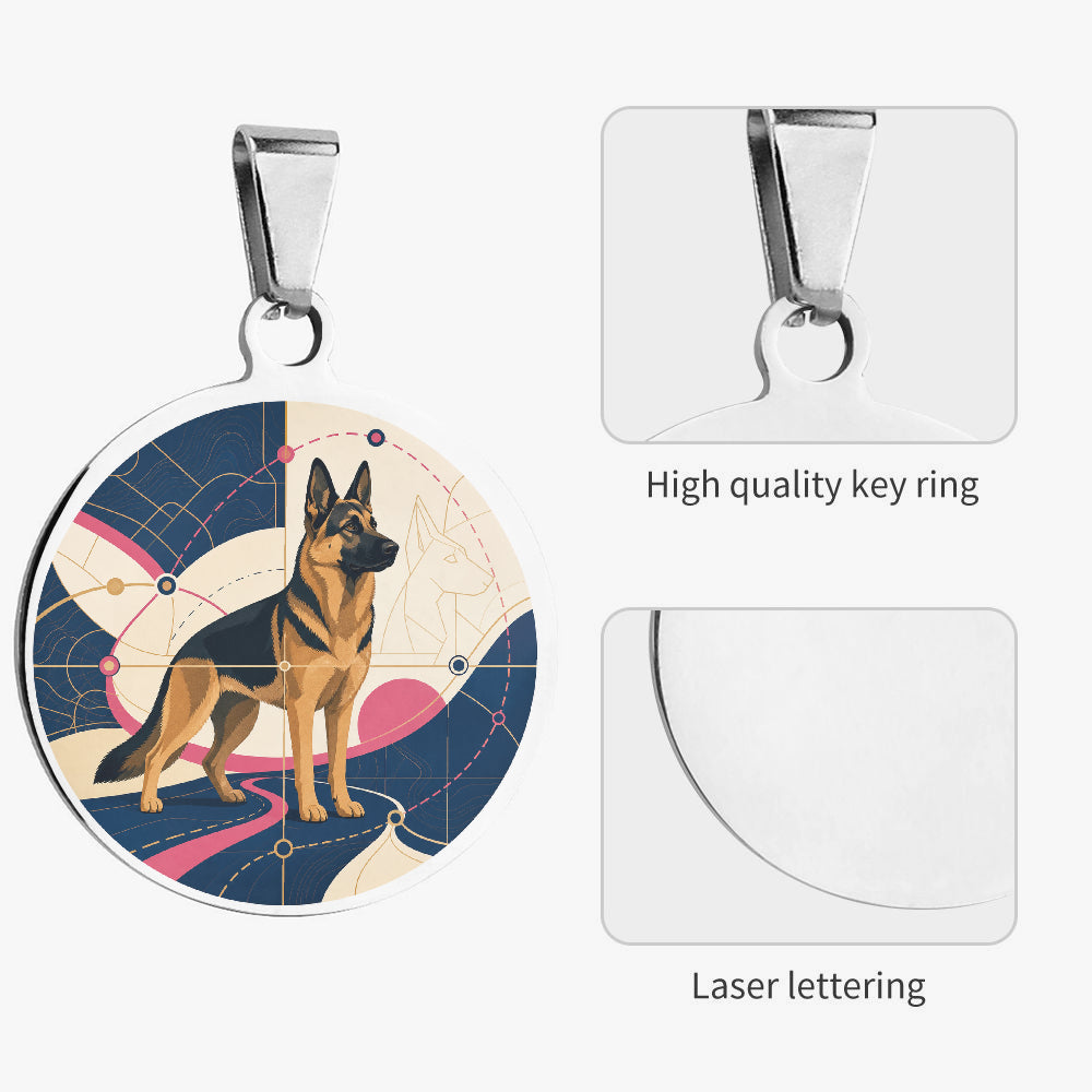 Close-up of German Shepherd Atomic Geometric artwork on personalized dog ID tag